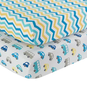 2 Pack Fitted Crib Sheet - Cars/Chevron