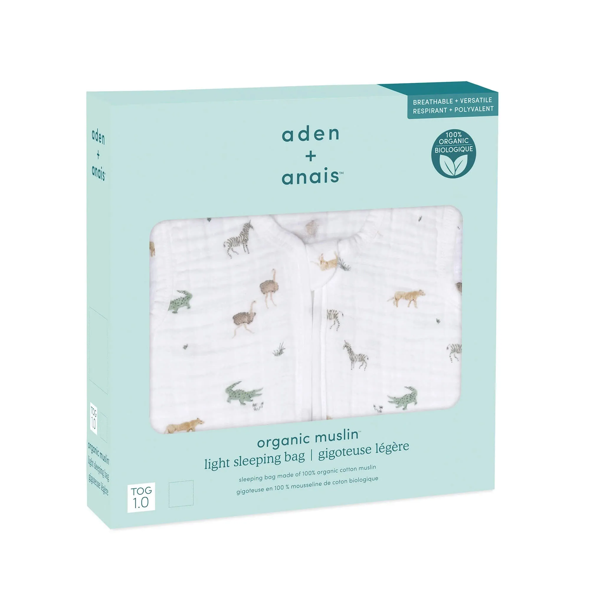 aden   anais Organic Cotton Light Sleeping Bag - 1.0 Tog (Safari Dreams)