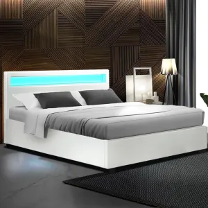 Artiss Bed Frame Double Size LED Gas Lift White COLE