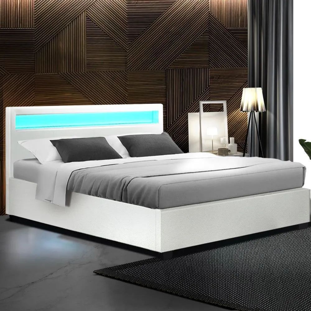 Artiss Bed Frame Double Size LED Gas Lift White COLE