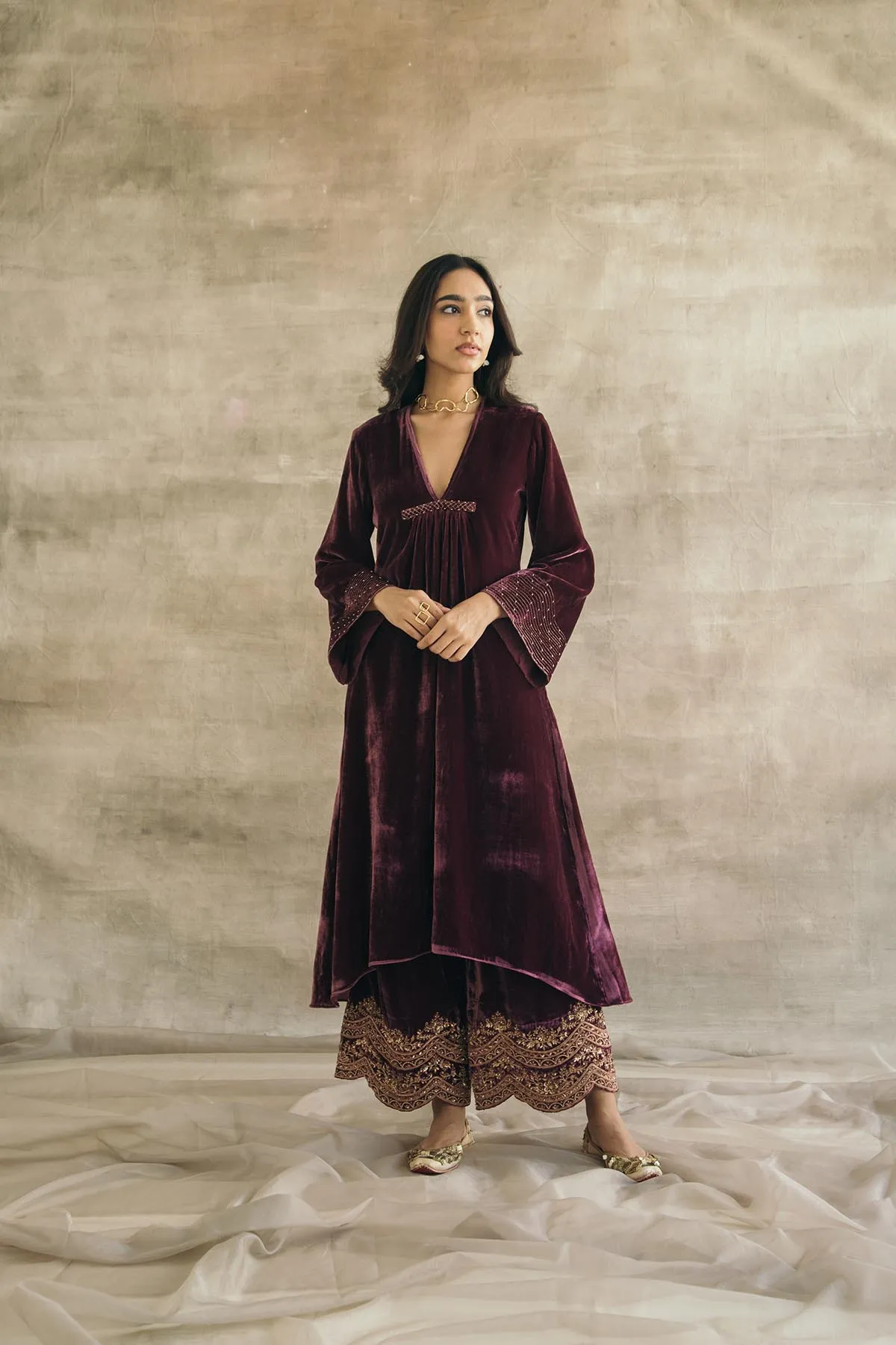 Asymmetrical Velvet Kurta Set