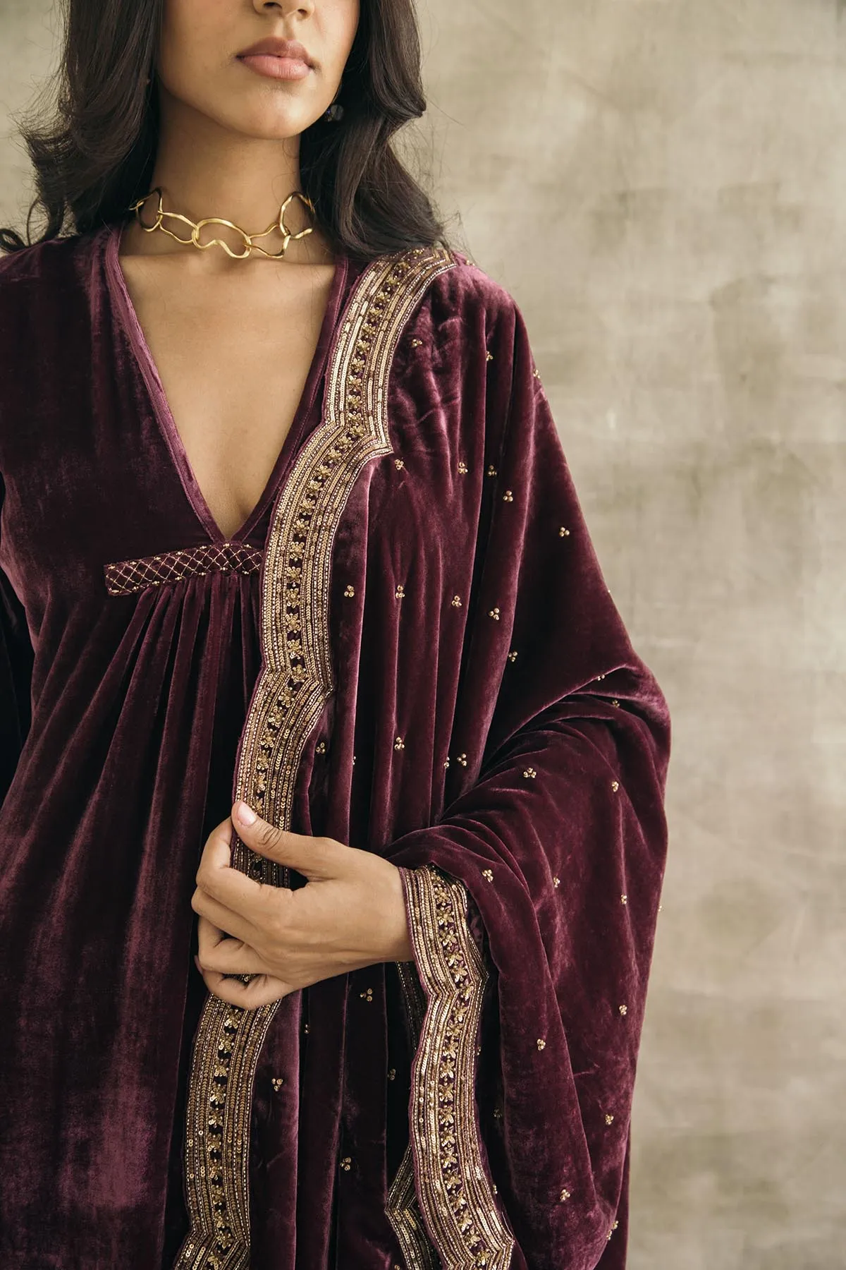 Asymmetrical Velvet Kurta Set