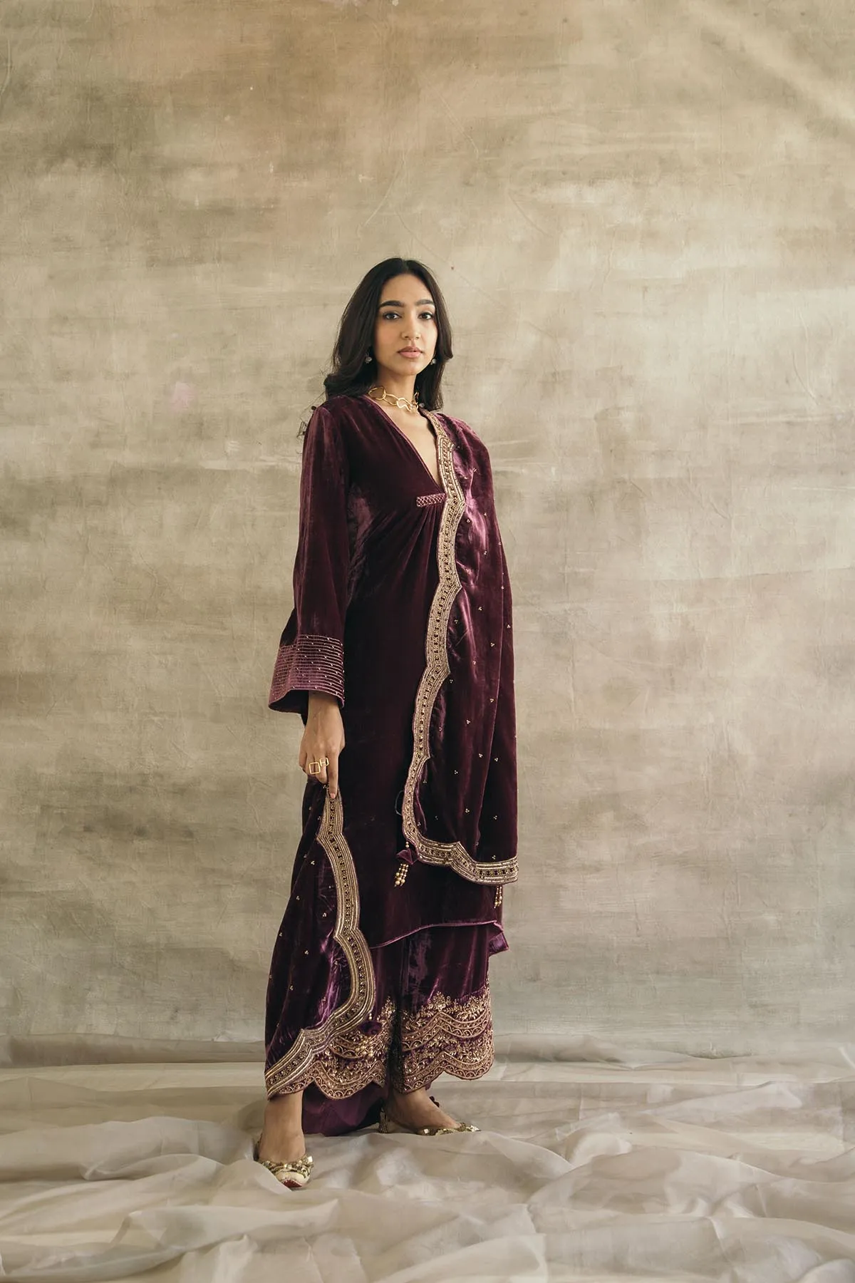 Asymmetrical Velvet Kurta Set