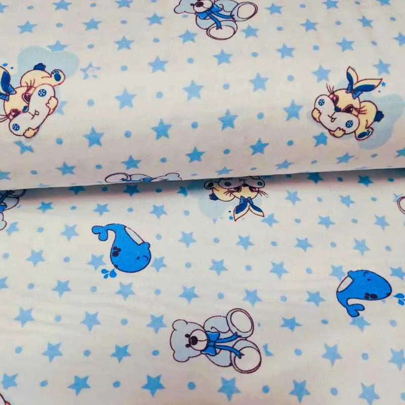 Blue Nursery FLANNEL, Teddy Bear, Whale and Stars on White