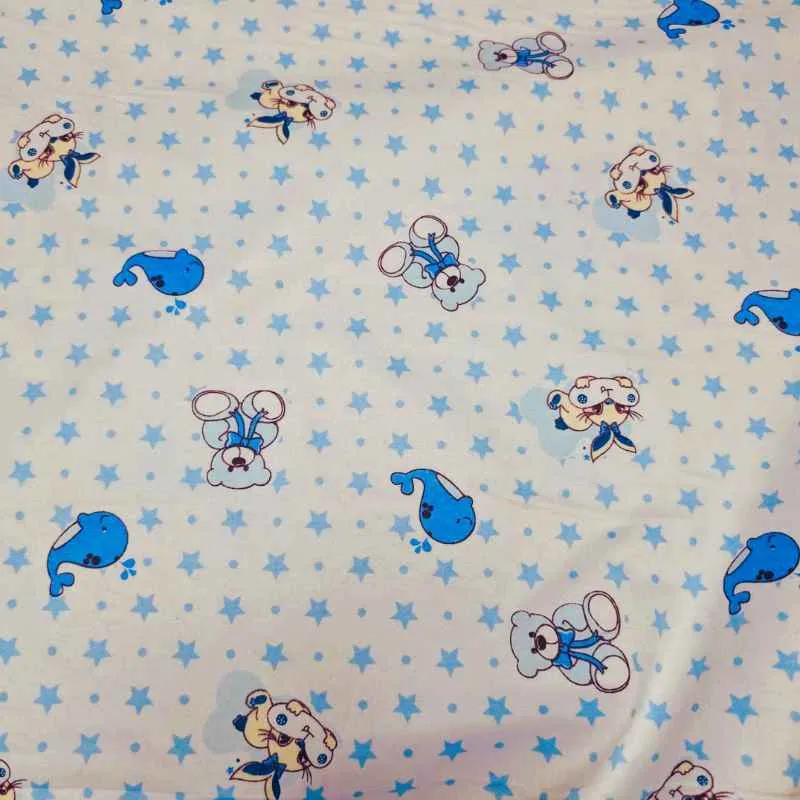 Blue Nursery FLANNEL, Teddy Bear, Whale and Stars on White