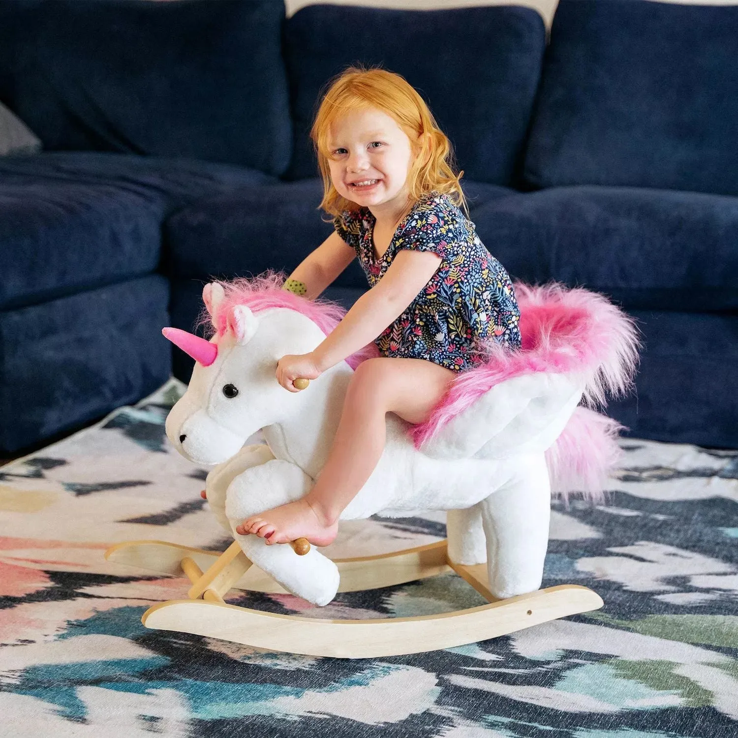 Children's rocking horse Qaba Wooden Plush Unicorn Chair Toy with Lullaby Song for Baby 18-36 Months Qaba