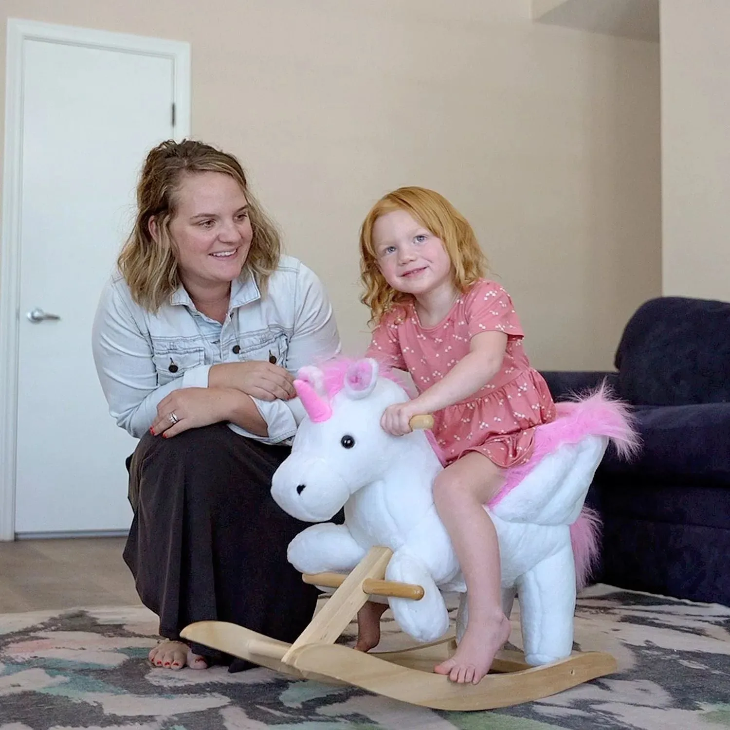 Children's rocking horse Qaba Wooden Plush Unicorn Chair Toy with Lullaby Song for Baby 18-36 Months Qaba