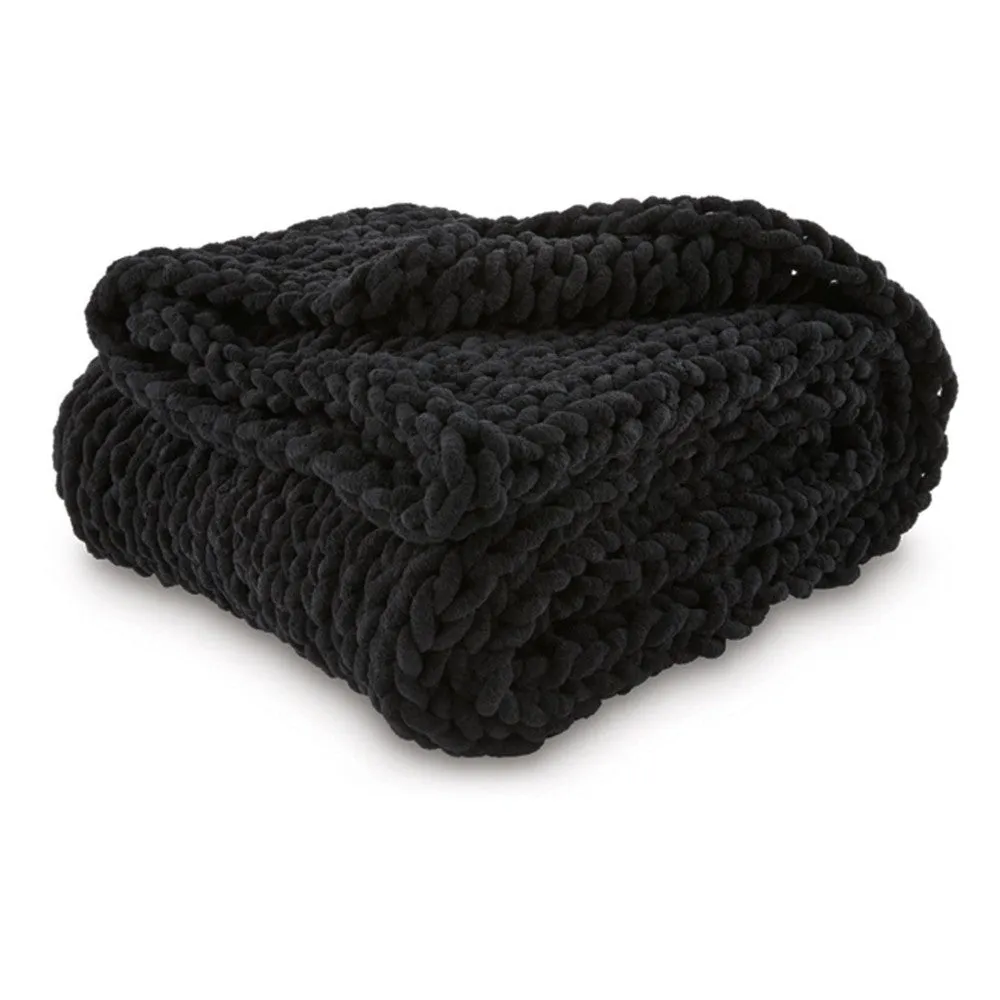 Deon Throw Blanket Set of 3, Hand Knitted Soft Chenille, Black Finish By Casagear Home