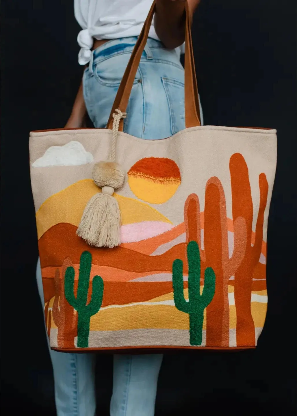 Desert Scene Tote Bag with Pom Tassel