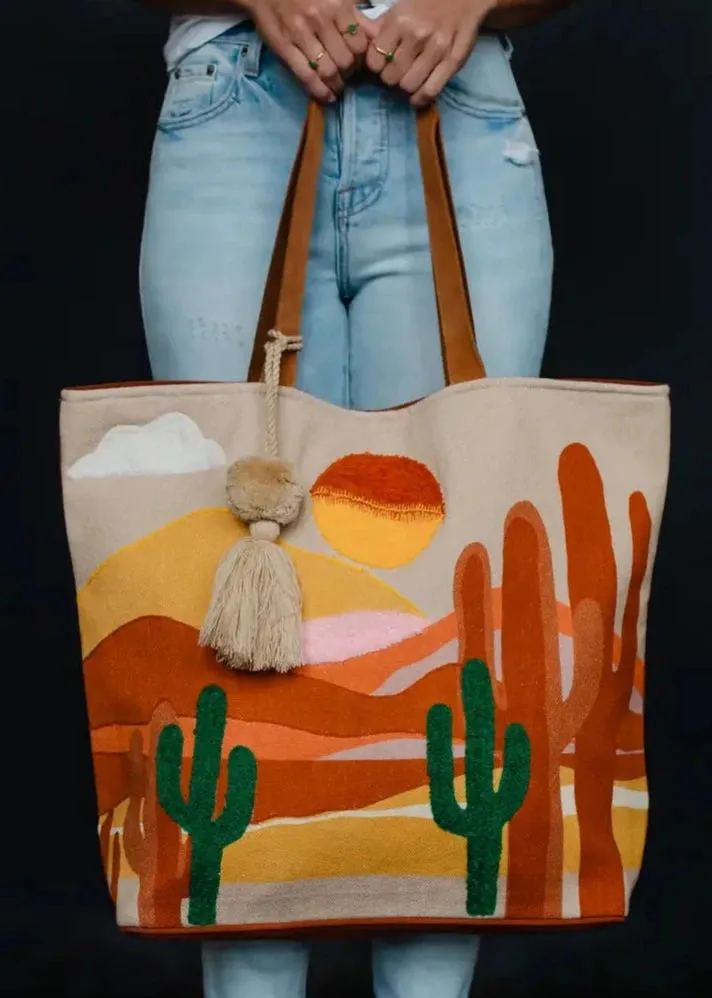 Desert Scene Tote Bag with Pom Tassel