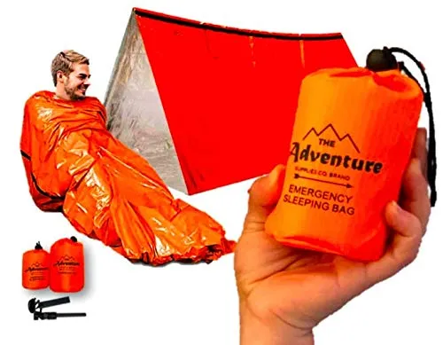 Emergency Sleeping Bag & Tent Shelter, Stocking Stuffer! Combo Prepper kit Survival Tent, Bivy Sack Tent, Sleeping Bag, Fire Starter   Whistle, Mylar Thermal Adventure Supply Co.