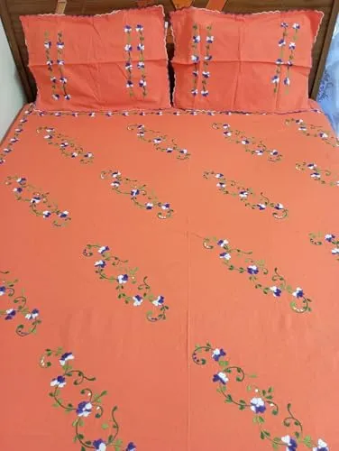 Global Trend India Handwork Cotton Double Bedsheet Bengal Embroidery Work Small Floral Embroidery Design with 2 Pillow Cover-02654