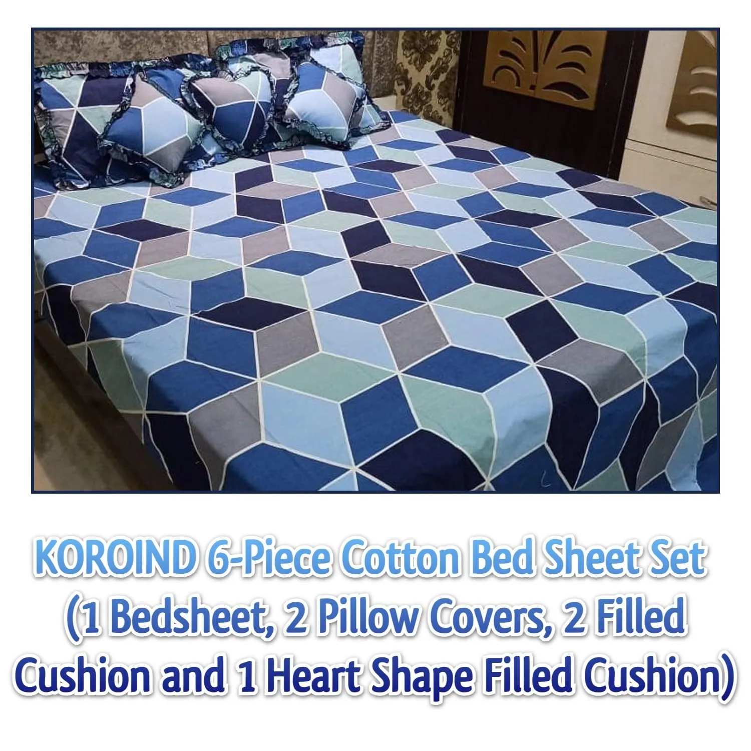 KOROIND Soft Cotton Printed 6 Pcs Bedding Set | 1 Queen Size Double Bedsheet | 2 Pillow Covers | 2 Filled Cushions | 1 Heart Shaped Filled Cushion | Stylish Bed Sheet with Decorative Cushions for Home