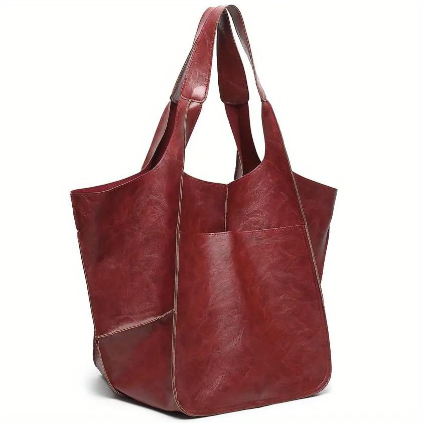 Large Capacity PU Retro Tote Bag - Spacious Stylish Handbag With Handy Front Pocket For Women