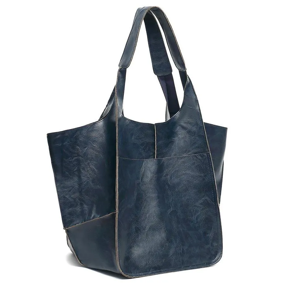 Large Capacity PU Retro Tote Bag - Spacious Stylish Handbag With Handy Front Pocket For Women