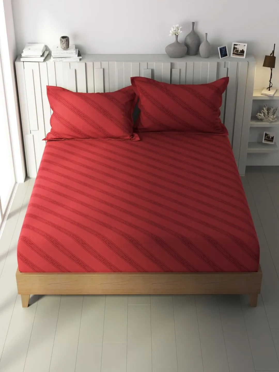 NAUTICA Cotton King Bedsheet with 2 Pillow Covers -3pc Set (Ocean View) Ornamental-red