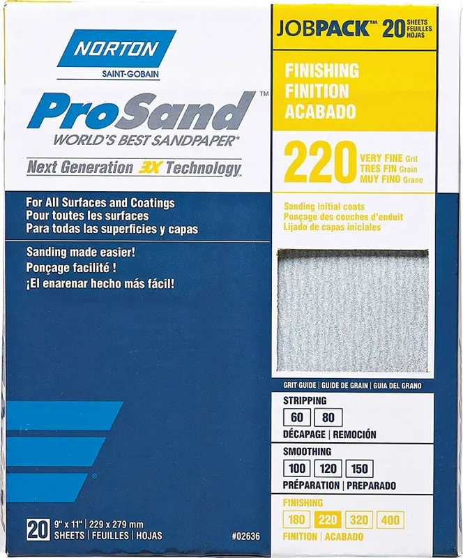 Norton ProSand 07660768167 Sanding Sheet, 11 in L, 9 in W, Very Fine, 220 Grit, Aluminum Oxide Abrasive, Paper Backing :PK 20: QUANTITY: 1