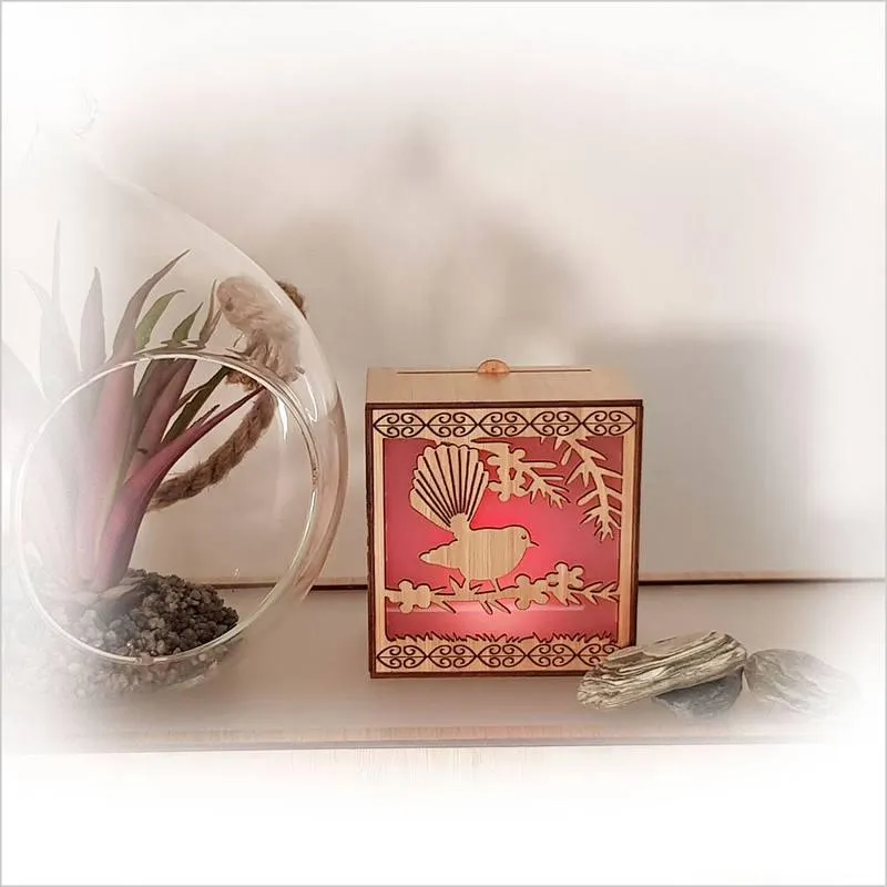 NZ Fantail on Manuka Branch LED Tealight Box