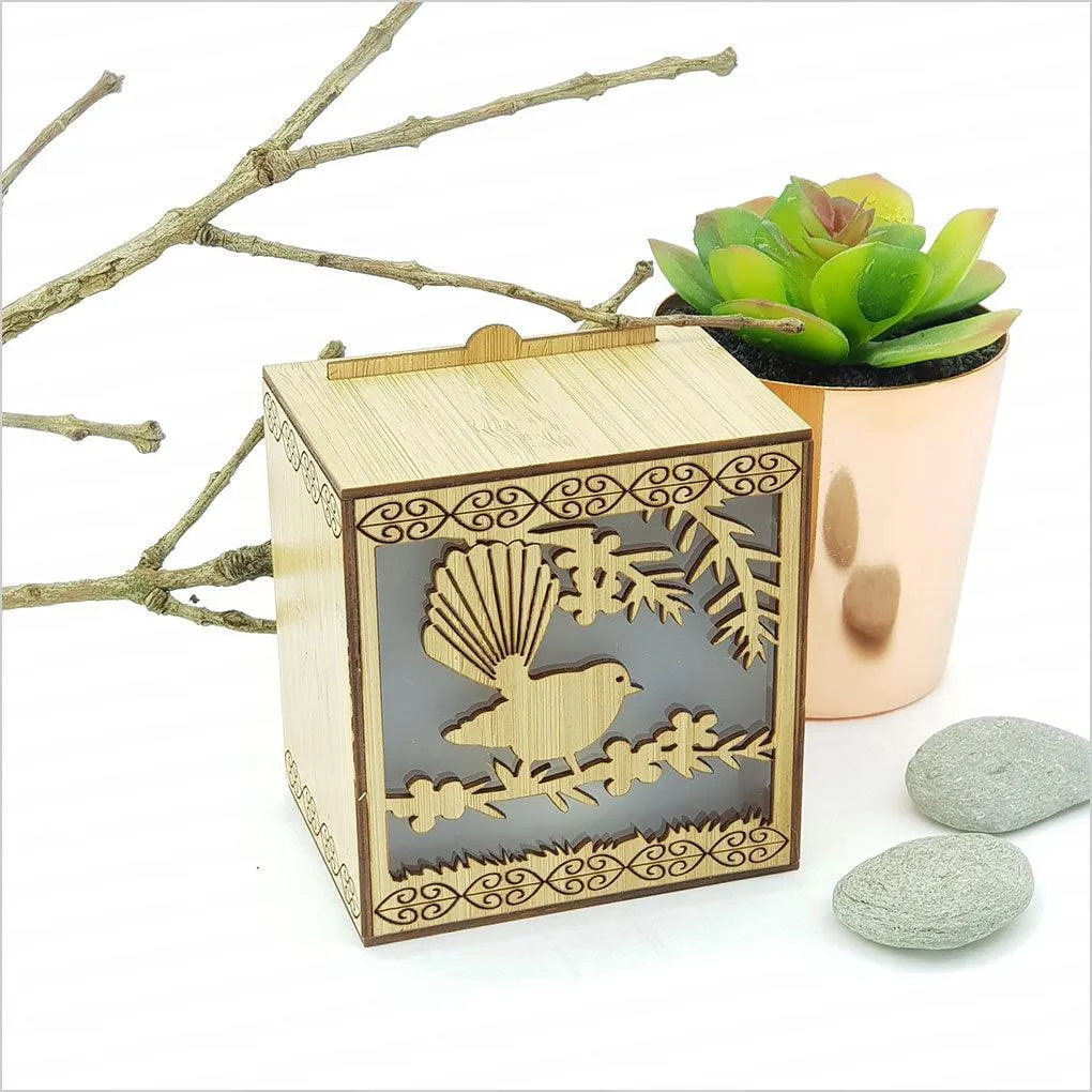 NZ Fantail on Manuka Branch LED Tealight Box