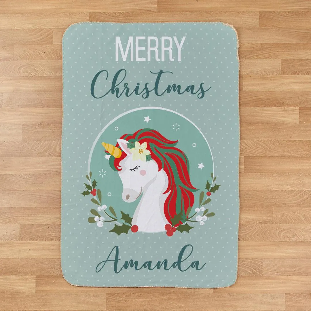 Personalized Merry Christmas Unicorn Throw Blanket