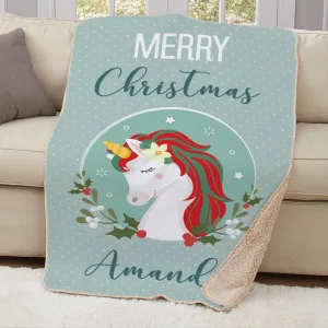 Personalized Merry Christmas Unicorn Throw Blanket