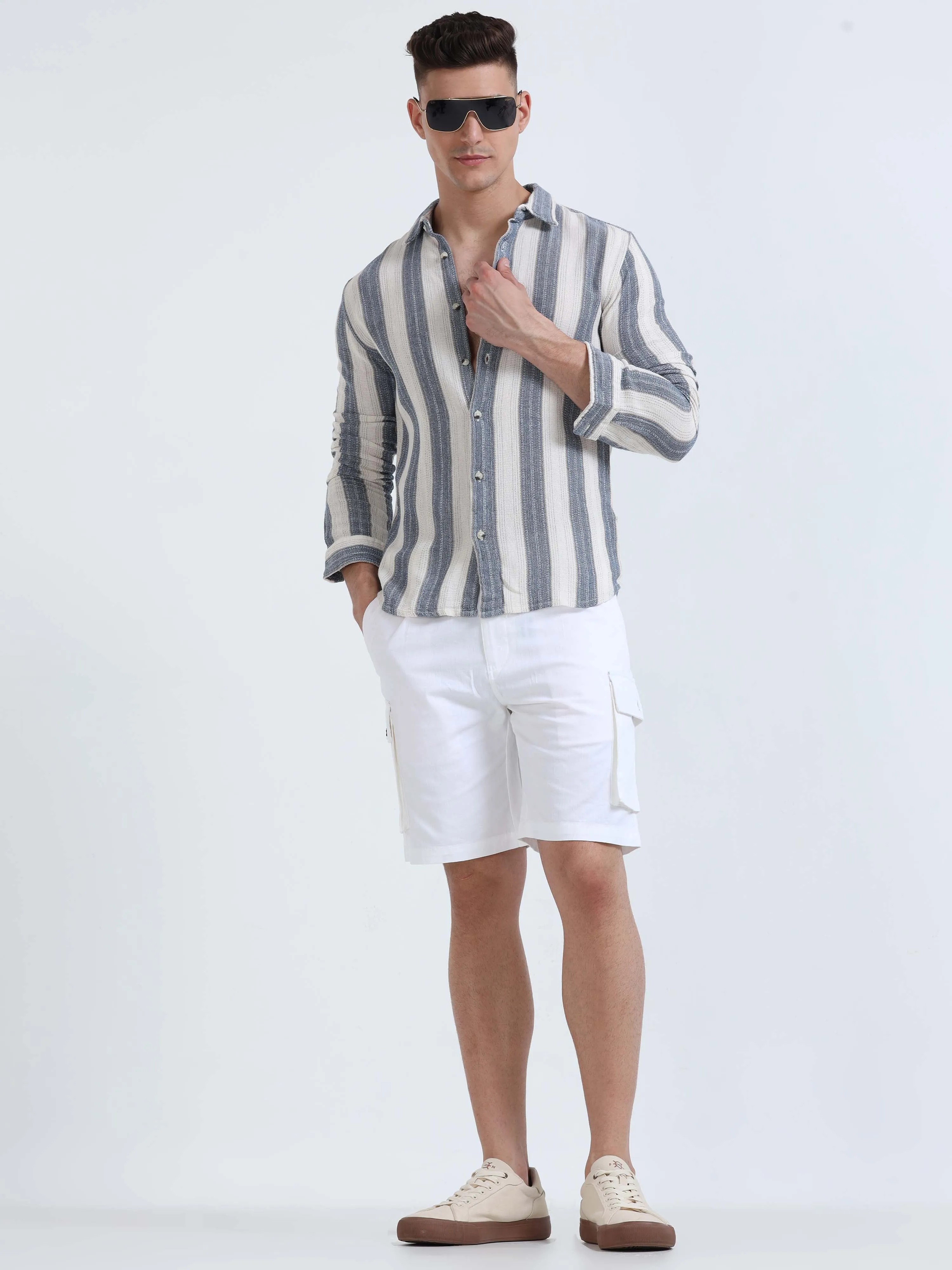 Soft Cotton Pleated White Cargo Shorts