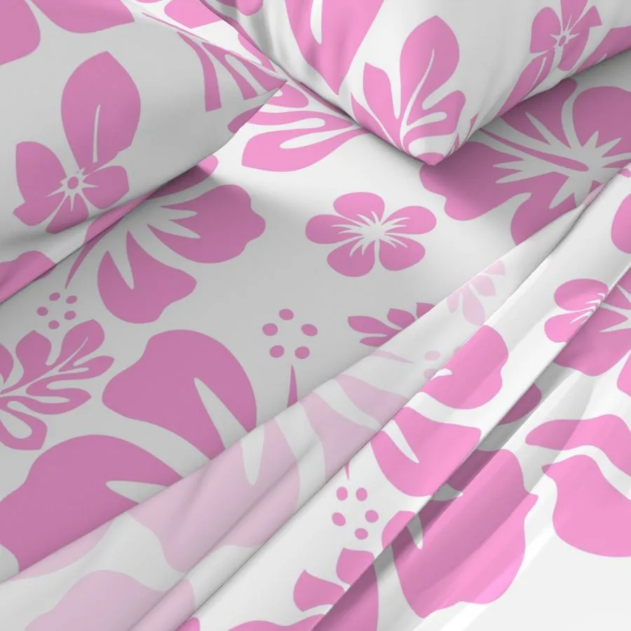 Soft Pink Hawaiian Flowers on White Sheet Set from Surfer Bedding™️ Medium Scale