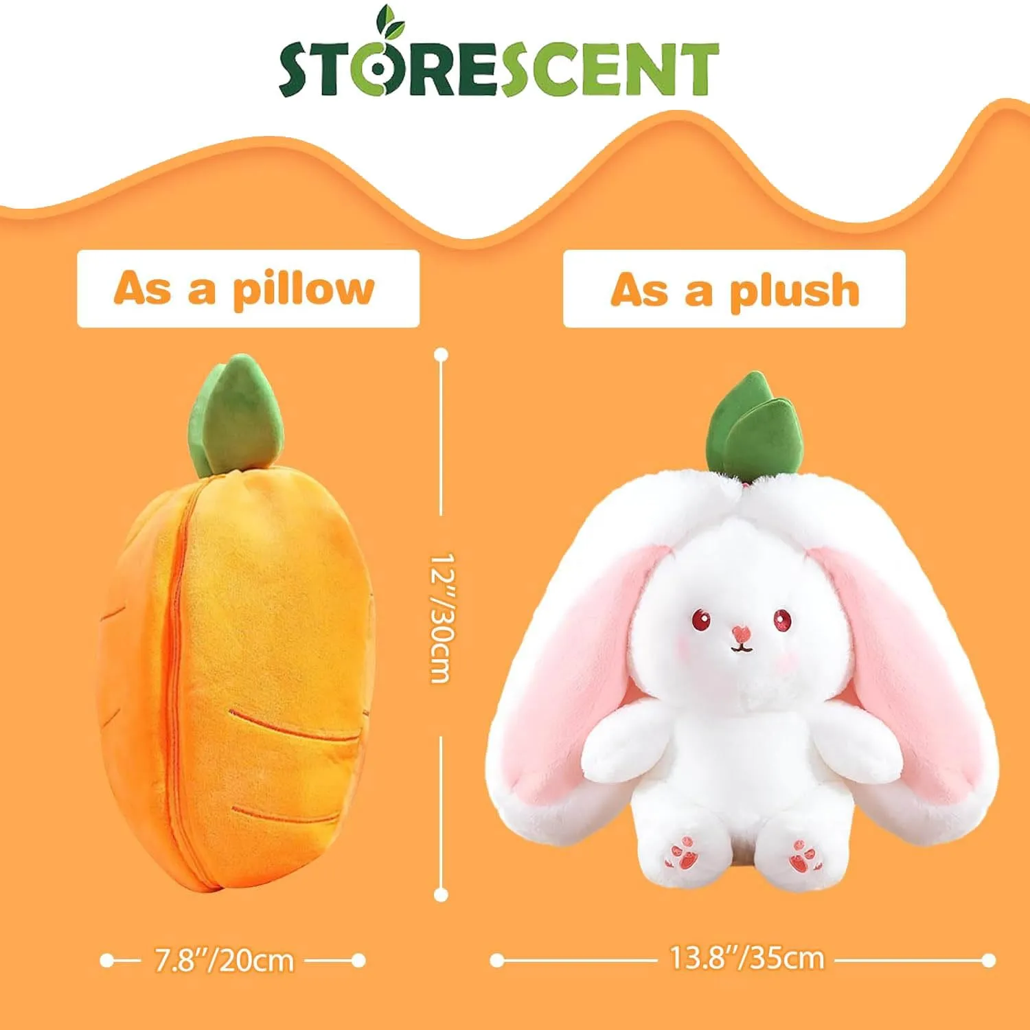 Storescent Reversible Carrot Bunny Plush Toy, Adorable & Versatile Stuffed Animal with Zipper - Soft Rabbit Toy, Pillow & Decorative Gift (Carrot Bunny 35cm)