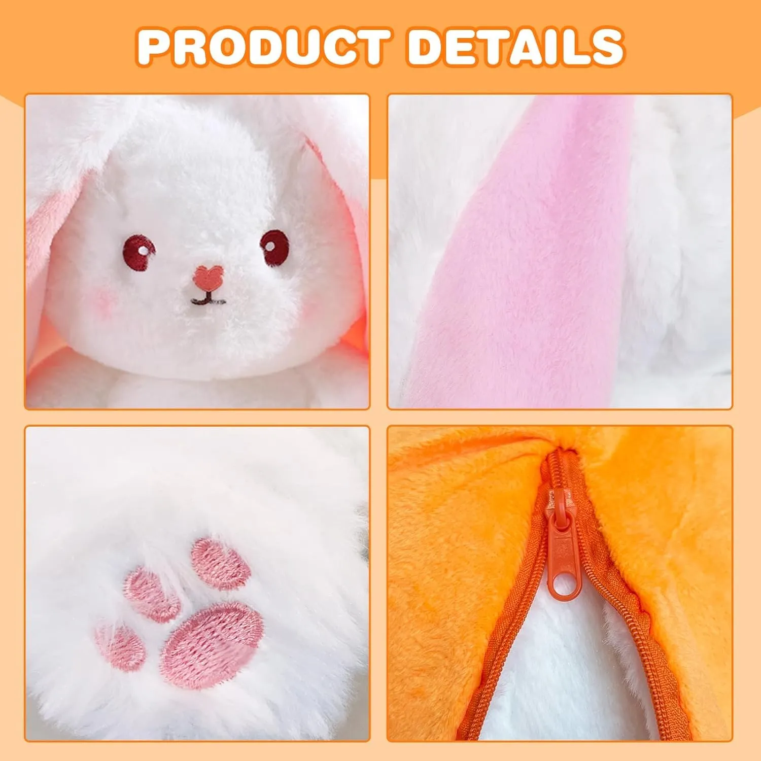 Storescent Reversible Carrot Bunny Plush Toy, Adorable & Versatile Stuffed Animal with Zipper - Soft Rabbit Toy, Pillow & Decorative Gift (Carrot Bunny 35cm)