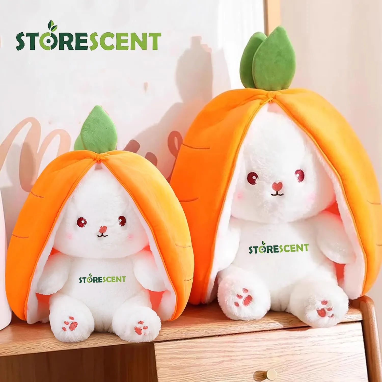 Storescent Reversible Carrot Bunny Plush Toy, Adorable & Versatile Stuffed Animal with Zipper - Soft Rabbit Toy, Pillow & Decorative Gift (Carrot Bunny 35cm)