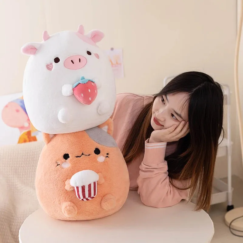 ZU New Arrival Kawaii Stuffed Animal Strawberry Cow Popcorn Cat Plushies Doll Huggable Fat Big Hug Pillow Sofa Bed Decor Cushion (Copy)